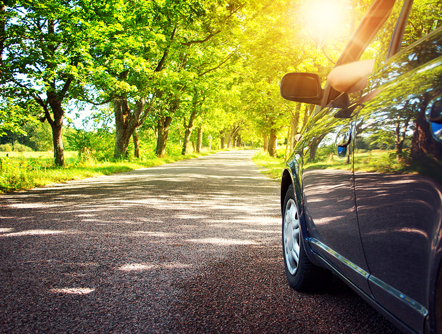 Spring tires on a car driving on a road